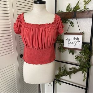 Bar III|XL|Coral Square Neck Smock Waist Ruffle Puff Short Sleeve Crop Top NWT